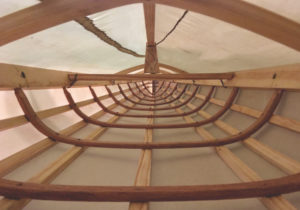 Interior of a skin-on-frame kayak