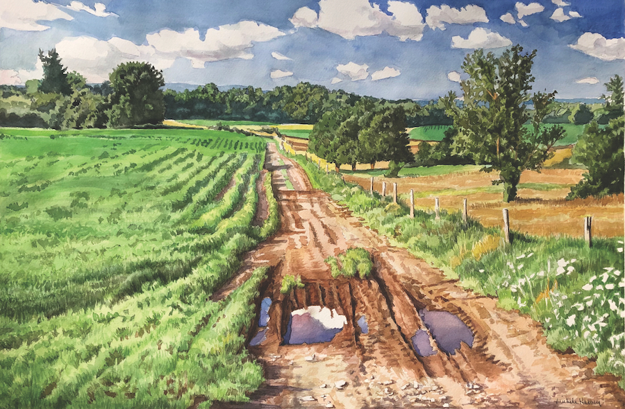 Michele Harvey watercolor landscape, Farm Track