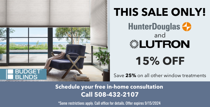 Budget Blinds "This Sale Only" features Lutron at 15% off.