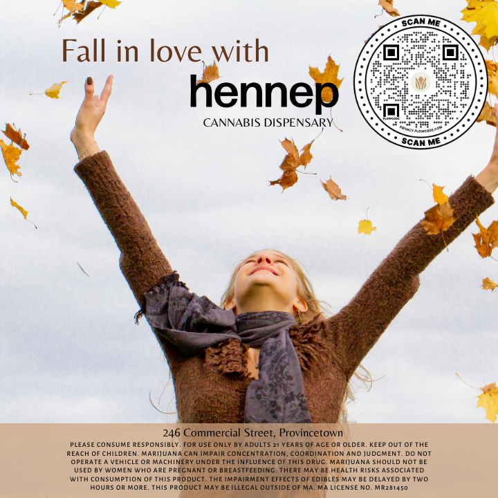 Fall leaves and a slogan that says, "fall in love with Hennep."